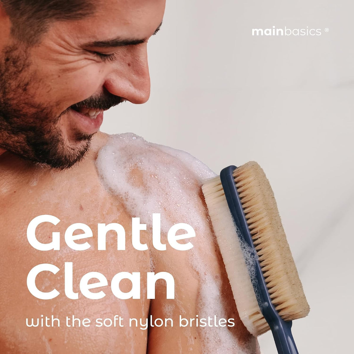 MainBasics Shower Brush Back Scrubber, Dual Sided Body Brush, Long Handle