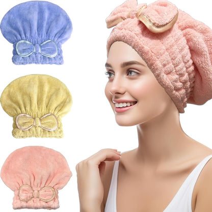 Jseng Microfiber Hair Towel Caps for Women with Cute Bowtie, 2Packs Fast Drying Hair Towel Caps for Curly Long Wet Hair Anti Frizz