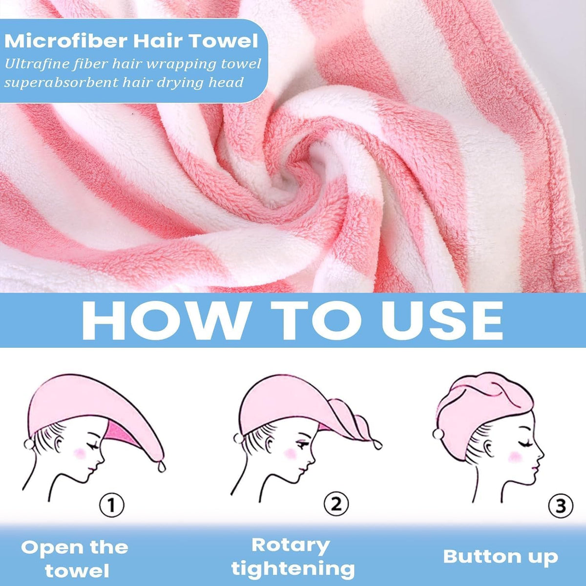 3 Pack Microfiber Hair Towel Wrap for Women, Fast Drying Hair Turban with Button, Anti-Frizz Large Hair Towel for All Hair Styles, Soft & Absorbent Hair Drying Towel