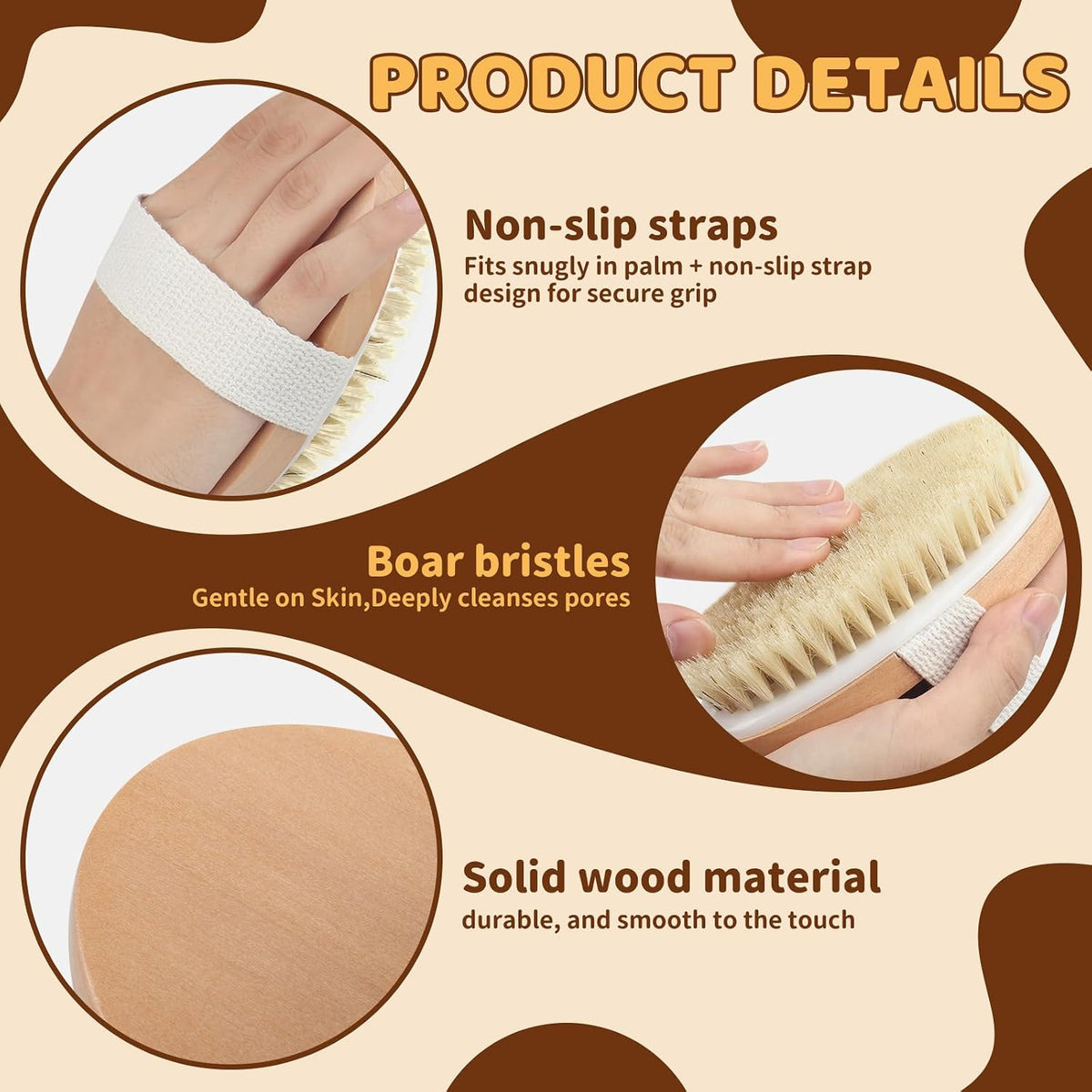 SAMEBUTECO 4 Pack Dry Body Brushing Brushes, Natural Bristle Exfoliating Scrub Brushes with Massage Nodes for Lymphatic Drainage, Skin Firming, Acne Treatment, and Cellulite Reduction