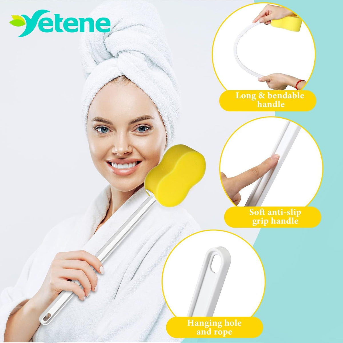 Long Handled Sponge 22.4'' Back Scrubber for Shower, Yellow