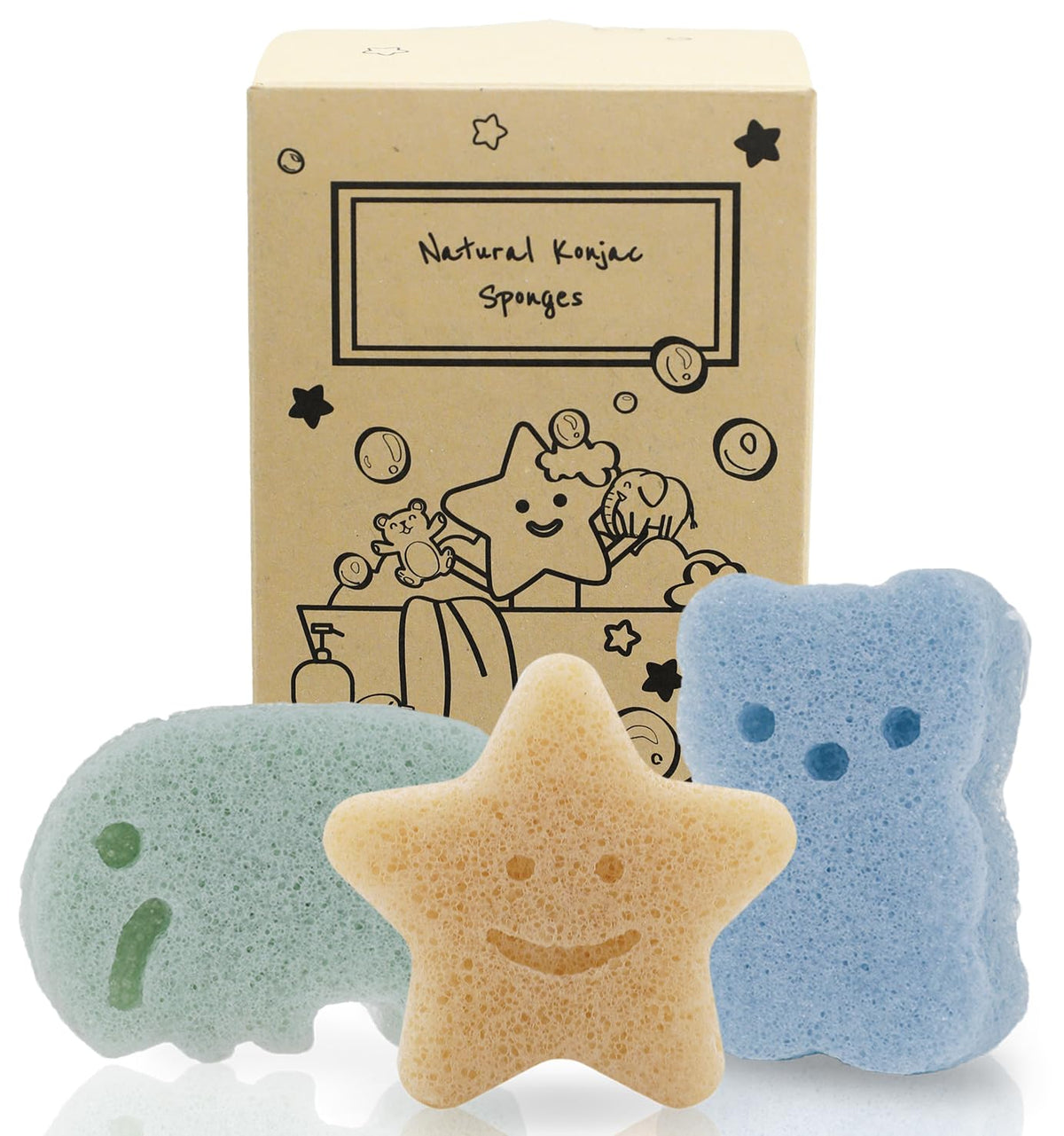 myHomeBody Konjac Sponge, Bath loofah, 3pc, Butterfly, Ladybug, Star