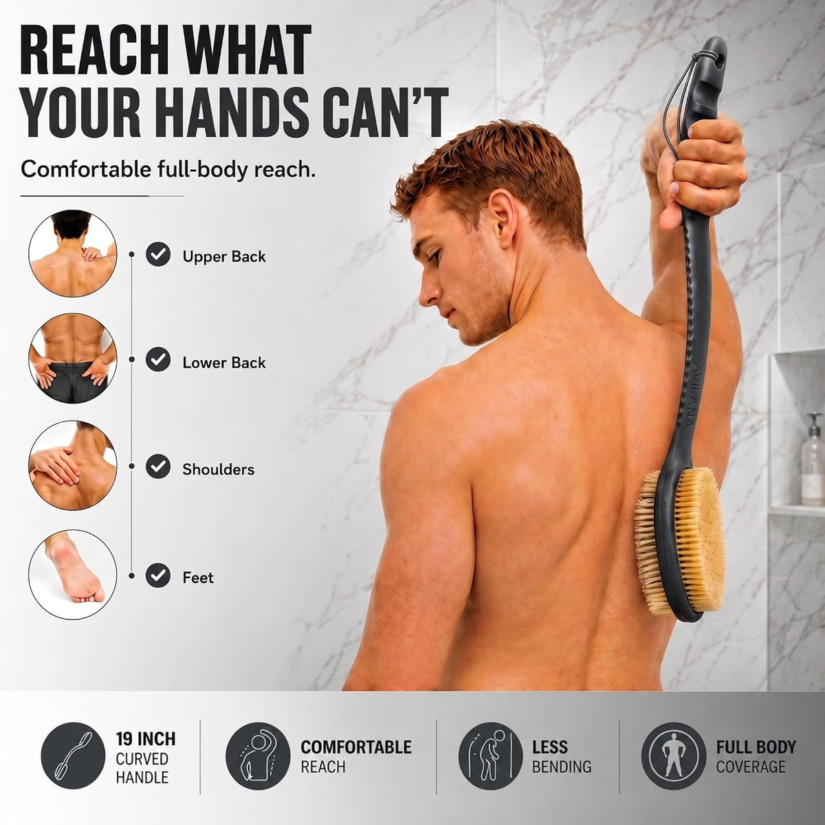 Avilana Long Handle Body Brush for Shower, 19 Inch Curved Back Scrubber with Soft & Stiff Bristles, Exfoliating Body Brush for Back, Legs & Feet, Non-Slip Silicone Handle, Replaceable Head System