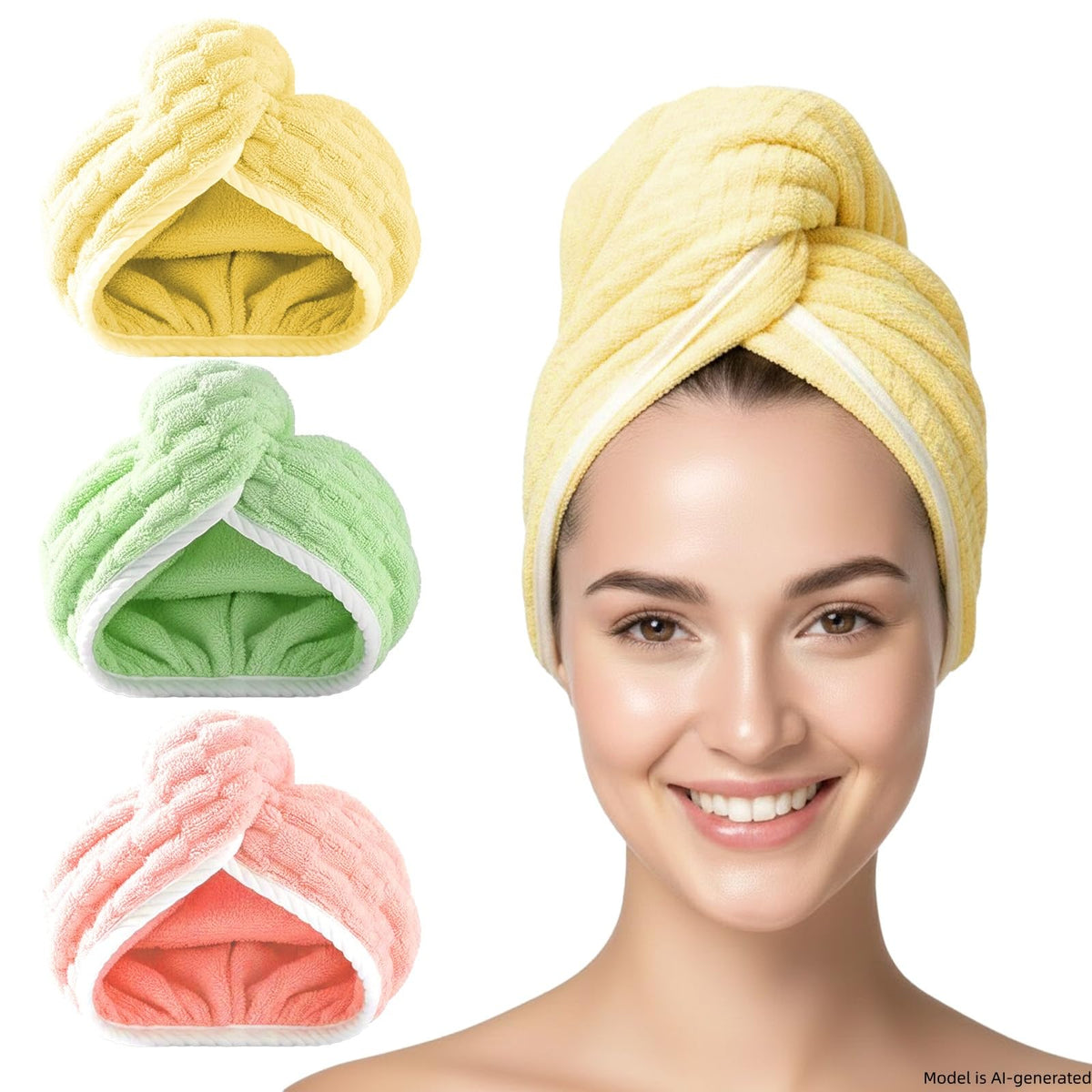 3 Pack Microfiber Hair Towel Wrap for Women, Fast Drying Hair Turban with Button, Anti-Frizz Large Hair Towel for All Hair Styles, Soft & Absorbent Hair Drying Towel