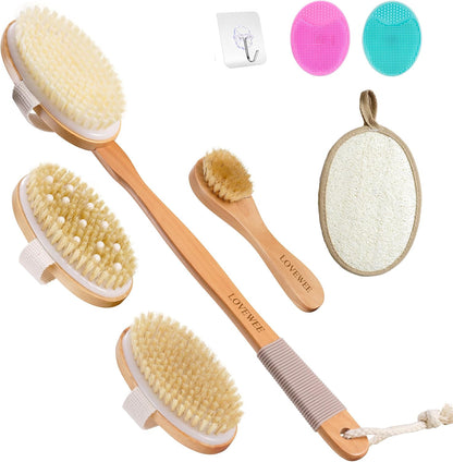 7-in-1 Body Brush Set for Shower & Dry Brushing – Long Handle Back Scrubber, 3 Replaceable Bristle Heads, Silicone Face Cleanser & Loofah – Exfoliating, Smooth Skin & Home Spa Kit