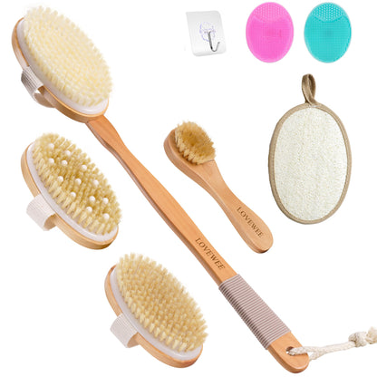 7-in-1 Body Brush Set for Shower & Dry Brushing – Long Handle Back Scrubber, 3 Replaceable Bristle Heads, Silicone Face Cleanser & Loofah – Exfoliating, Smooth Skin & Home Spa Kit