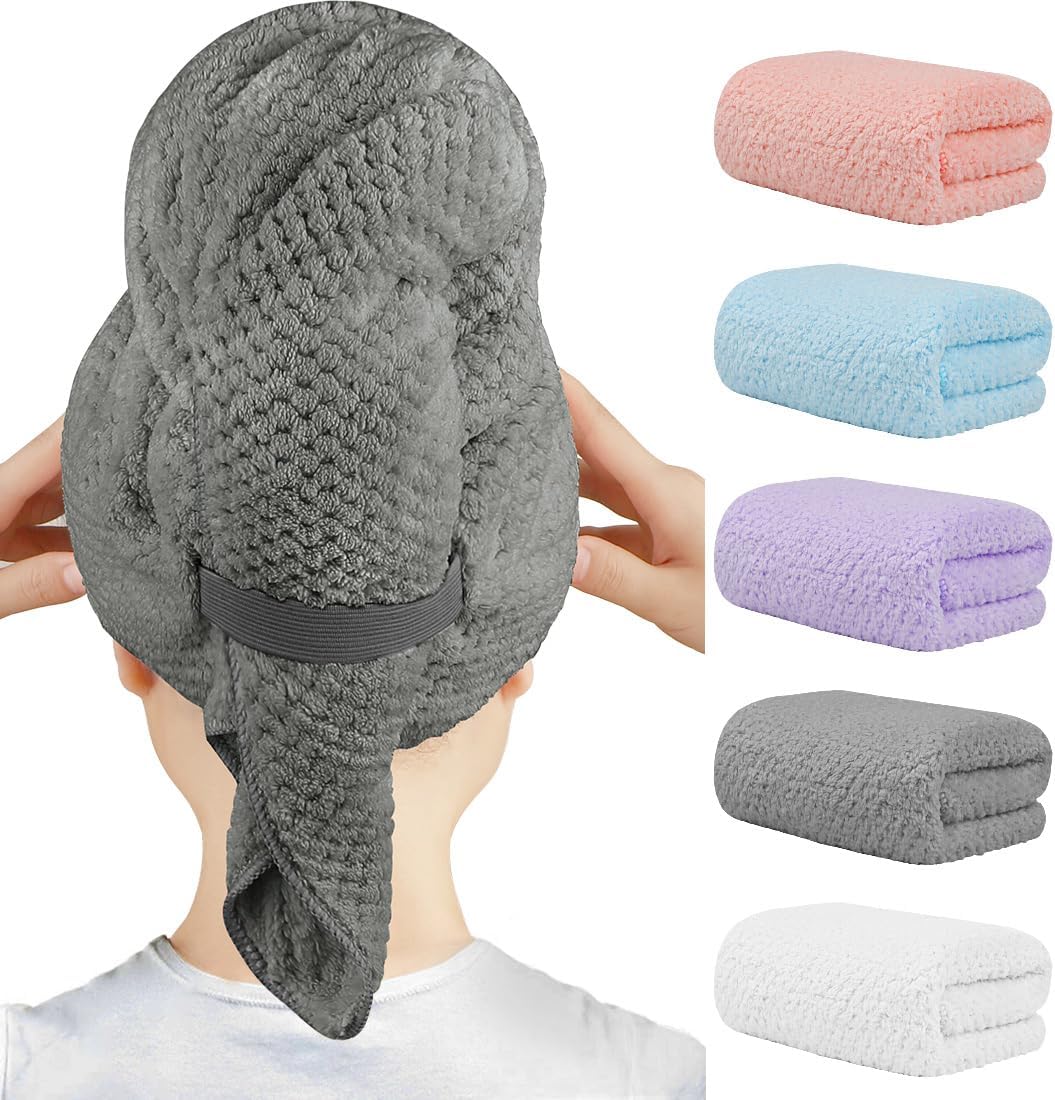 HOMEXCEL 5PK Microfiber Hair Towels, 40x20 in, Fast Drying for Long Hairs
