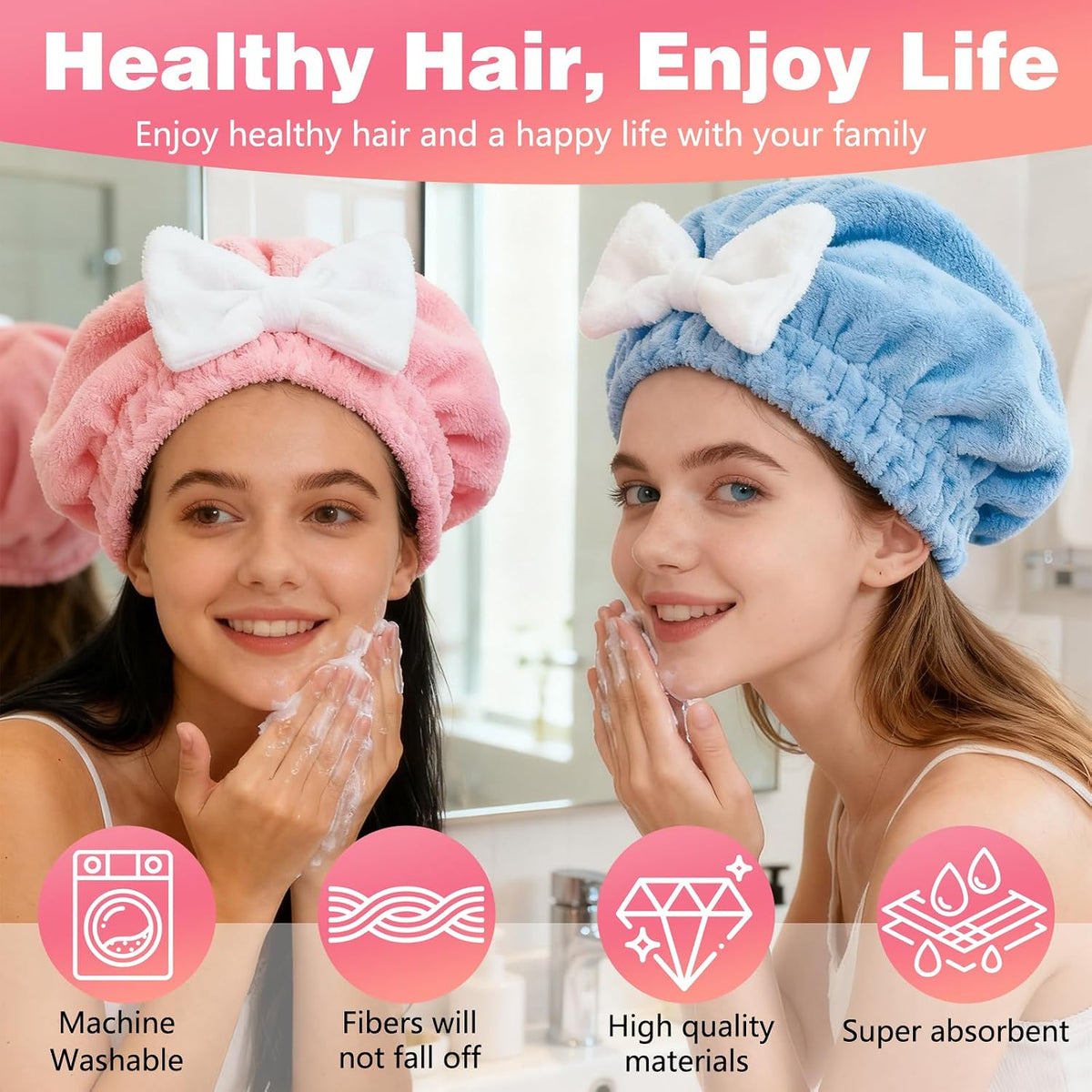 4PCS Super Absorbent Hair Towel Wrap for Wet Hair,Microfiber Hair Drying with Caps Bow Design,2026 New Fast Drying Hair Turban Wrap Towels Shower Cap for Girls and Women(Pink, Blue,Yellow,Red)