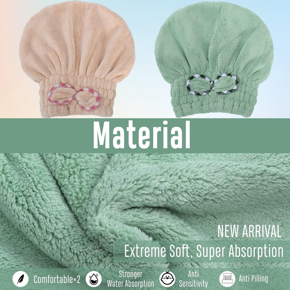 2Pcs Microfiber Hair Drying Cap,Hair Towel Cap,Fast Coral Velvet Hair Drying Towel with Bow-Knot,Quick Dry Fast Drying Hair Caps for Women,Soft Absorbent Cap for Wet Hair Long Thick Hair(Khaki+Green)
