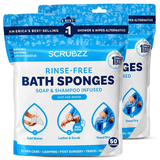 Scrubzz Disposable No Rinse Bathing Wipes - All-in-1 Single Use Shower Wipes, Simply Dampen, Lather, and Dry Without Shampoo or Rinsing (Unscented, 2-Pack)