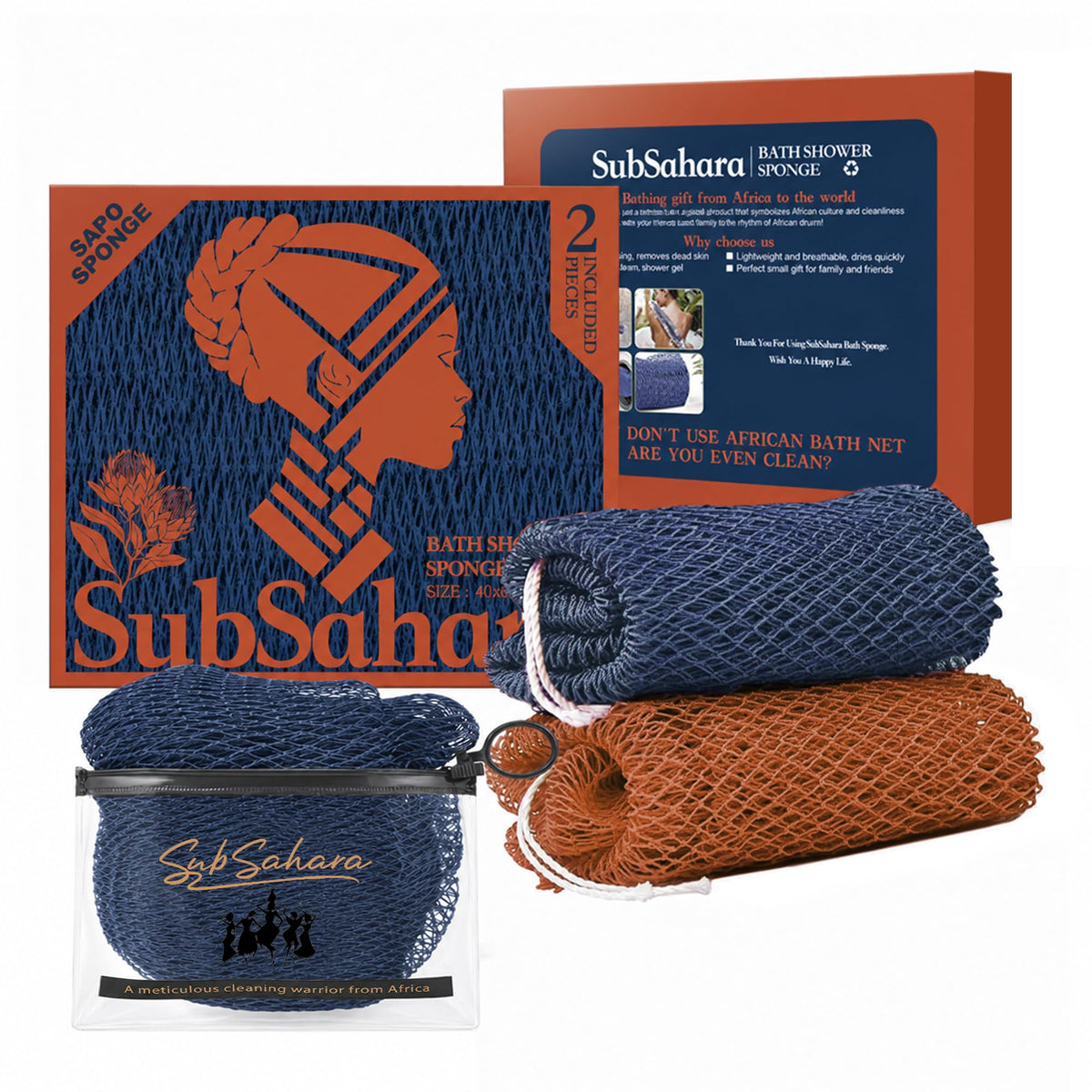 SubSahara African Net Sponge, 2 Pack 45-Inch Exfoliating Bath Scrubber