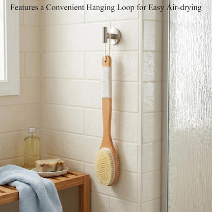 MtBoi Dual-Sided Back Scrubber - Long Bamboo Handle Shower Brush with Anti-Slip Grip, Stiff Natural Boar Bristles for Deep Exfoliation & Soft Nylon Bristles for Gentle Care, Wet/Dry Brushing