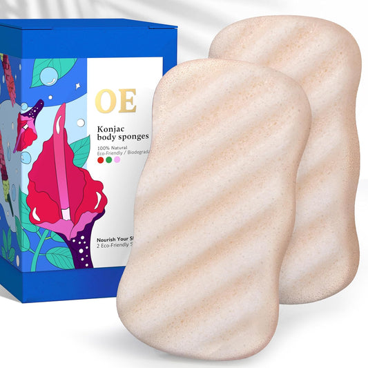 Konjac Sponge Body (2 Pack) | Microplastic Free Soft Plant Based Vegan Fiber | Sustainable | 100% Natural + Non-Toxic | Biodegradable | Eco-Friendly | Plastic Free Packaging