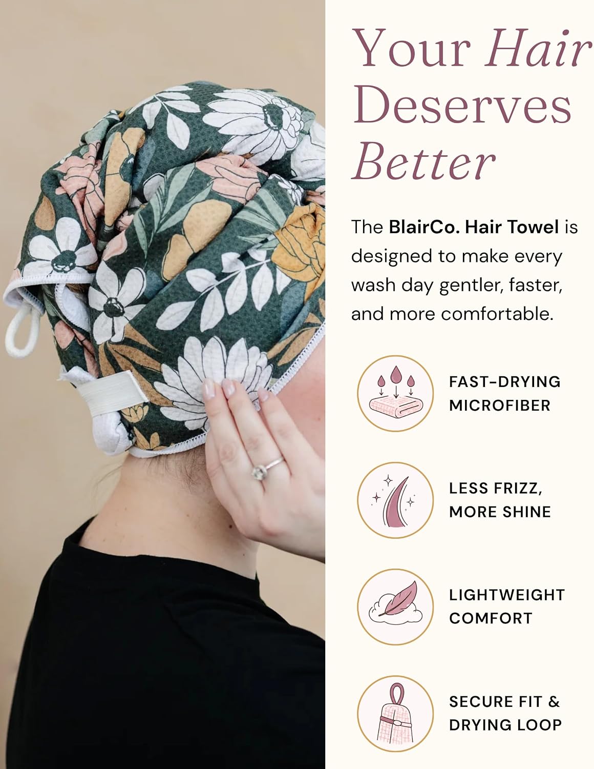 Microfiber Hair Towel Wrap for Women – Quick Dry Anti-Frizz Hair Drying Towel for Long, Curly & Thick Hair – Ultra-Soft Absorbent Hair Turban Wrap with Large Loop Closure – Dark Floral