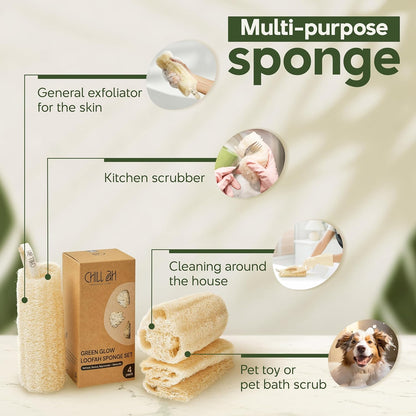 Chill Ah Natural Loofah Sponge Set – 100% Plant-Based, Dye-Free, Biodegradable Bath Exfoliator for Glowing Skin – Handcrafted in Vietnam (4-Pack)