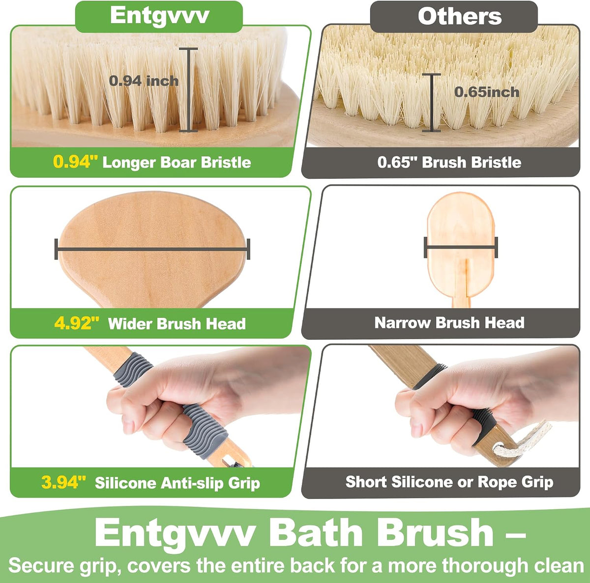 Bath Brush Long Handle for Shower, Back Scrubber Boar Bristle Brush