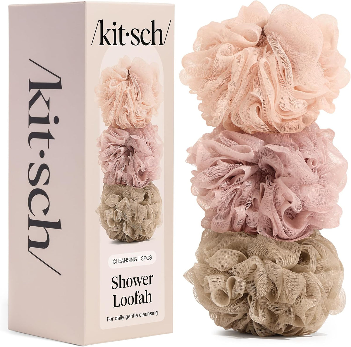 Kitsch Shower Loofah – Soft Mesh Body Scrubber & Bath Sponge - 3pc Set