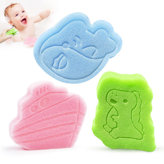 Baby Bath Sponge, Natural Cute Shapes Soft Shower Sponges for Bathing, Bathtub Foam for Infants and Toddler, 3pcs : Blue Whale, Pink Ship, Green Dinosaur