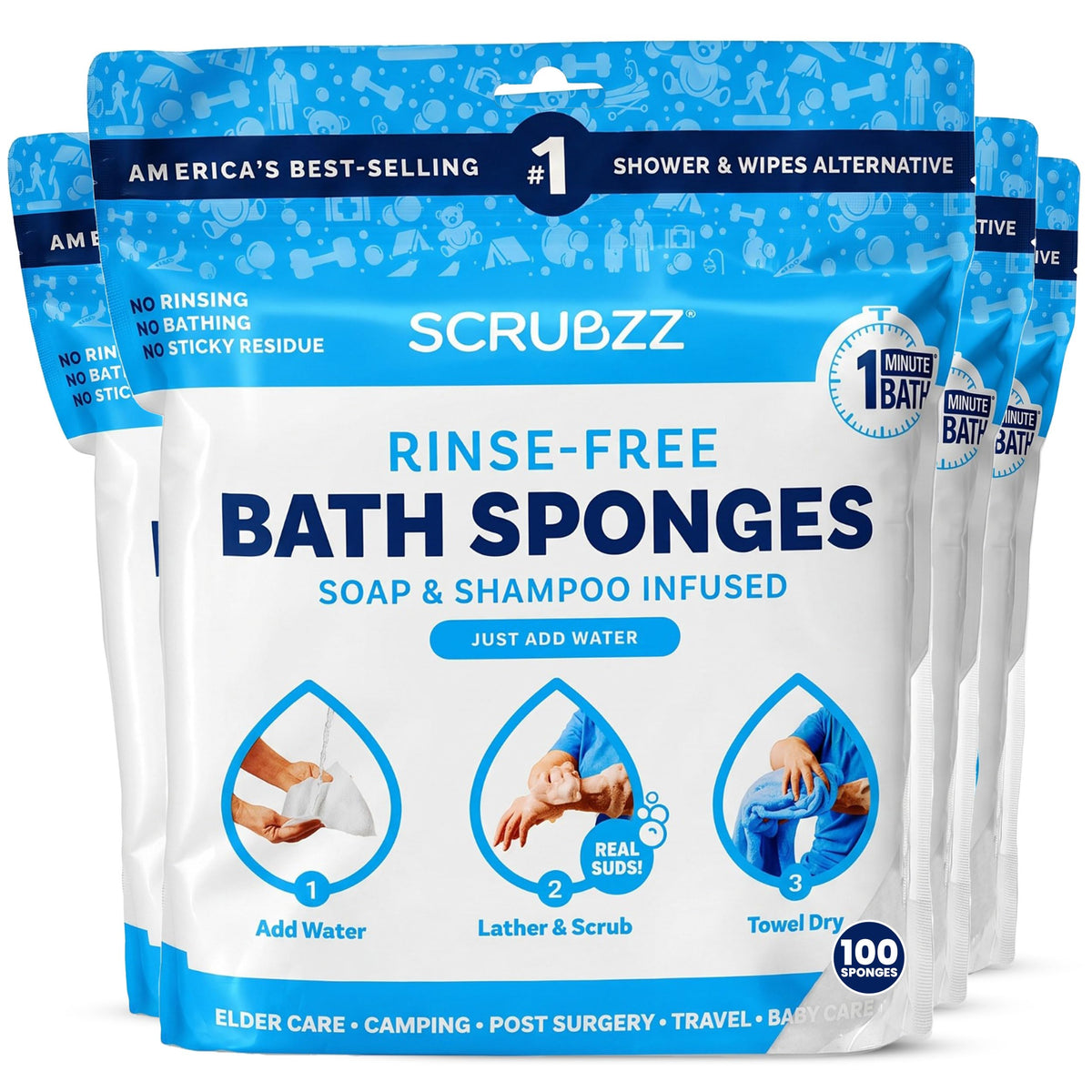 Scrubzz Disposable Rinse Free Bathing Wipes - 25 Pack - All-in-1 Single Use Shower Wipes, Simply Dampen, Lather, and Dry Without Shampoo or Rinsing