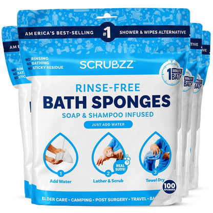 Scrubzz Disposable Rinse Free Bathing Wipes - 25 Pack - All-in-1 Single Use Shower Wipes, Simply Dampen, Lather, and Dry Without Shampoo or Rinsing