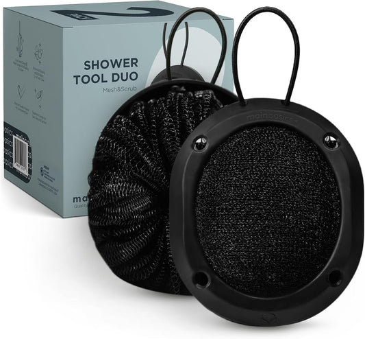 MainBasics Shower Tool Duo 2-in-1 Shower Loofah Sponge, 2 Pack, Black