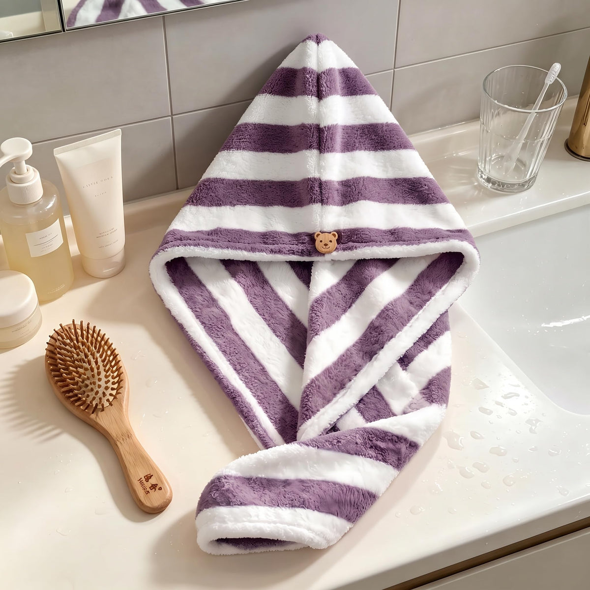 Thicken Microfiber Hair Towel Wrap, Hair Towel Wrap for Women, Super Absorbent Quick Dry Hair Turban for All Hair Style Anti Frizz, Large Hair Drying Towel with Button (Two-Tone)