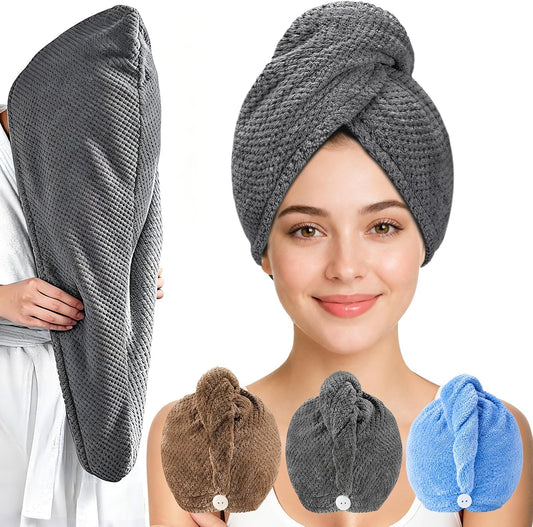 3 Pack Microfiber Hair Towel Wrap for Women, Hair Drying Towels with Button, Super Absorbent Quick Dry Hair Turban, Anti-Frizz Hair Wrap for Curly Thick Long Hair (Gray Khaki Misty Blue)