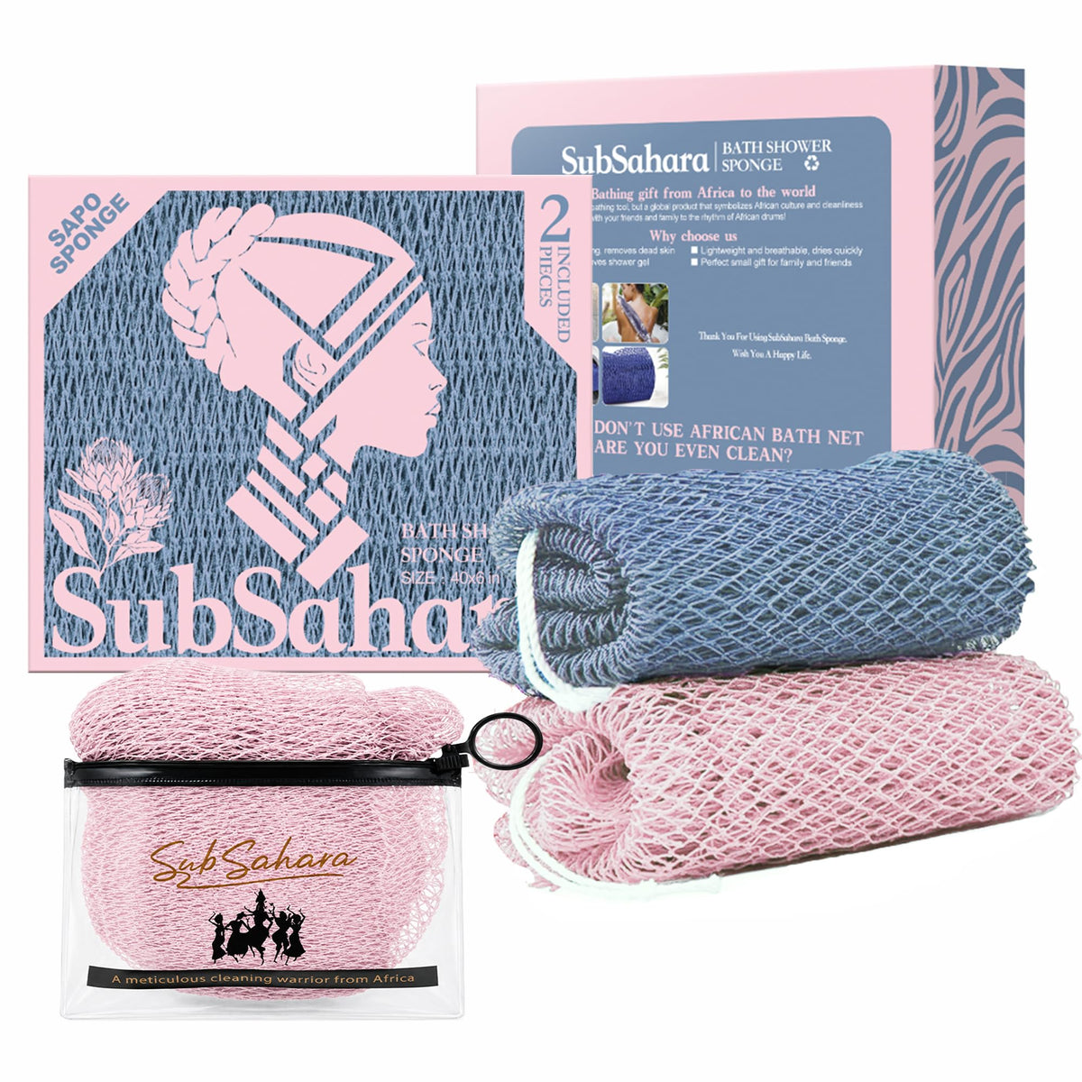 SubSahara African Net Sponge, 2 Pack 45-Inch Exfoliating Bath Scrubber