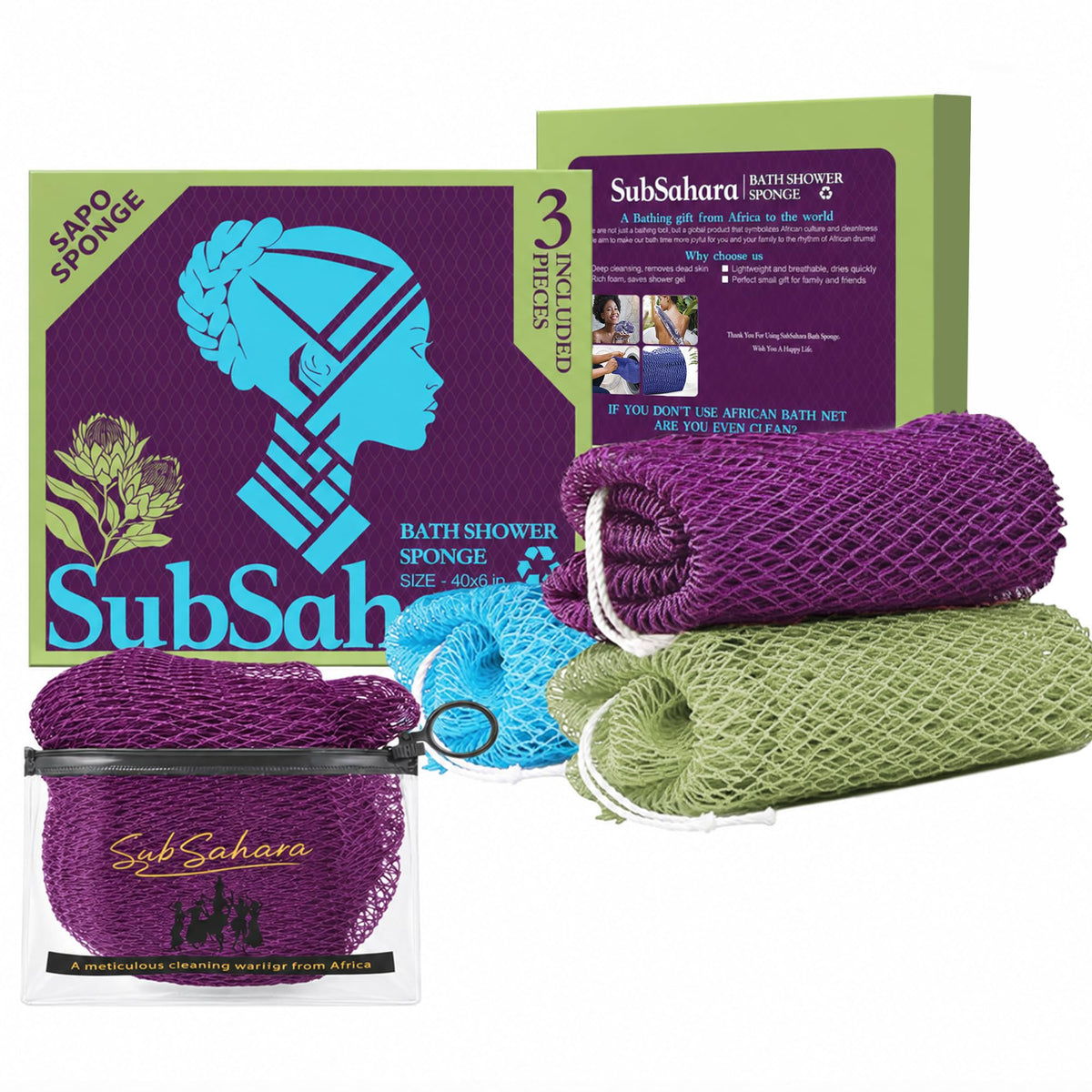 SubSahara African Net Sponge, 2 Pack 45-Inch Exfoliating Bath Scrubber