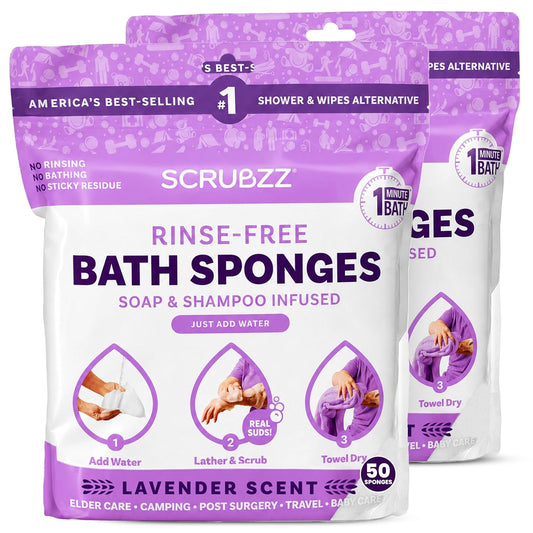 Scrubzz Disposable No Rinse Bathing Wipes - All-in-1 Single Use Shower Wipes, Simply Dampen, Lather, and Dry Without Shampoo or Rinsing (Lavender, 2-Pack)