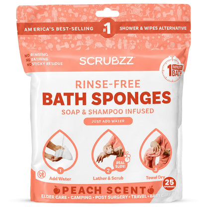 Scrubzz Disposable Rinse Free Bathing Wipes - 25 Pack - All-in-1 Single Use Shower Wipes, Simply Dampen, Lather, and Dry Without Shampoo or Rinsing