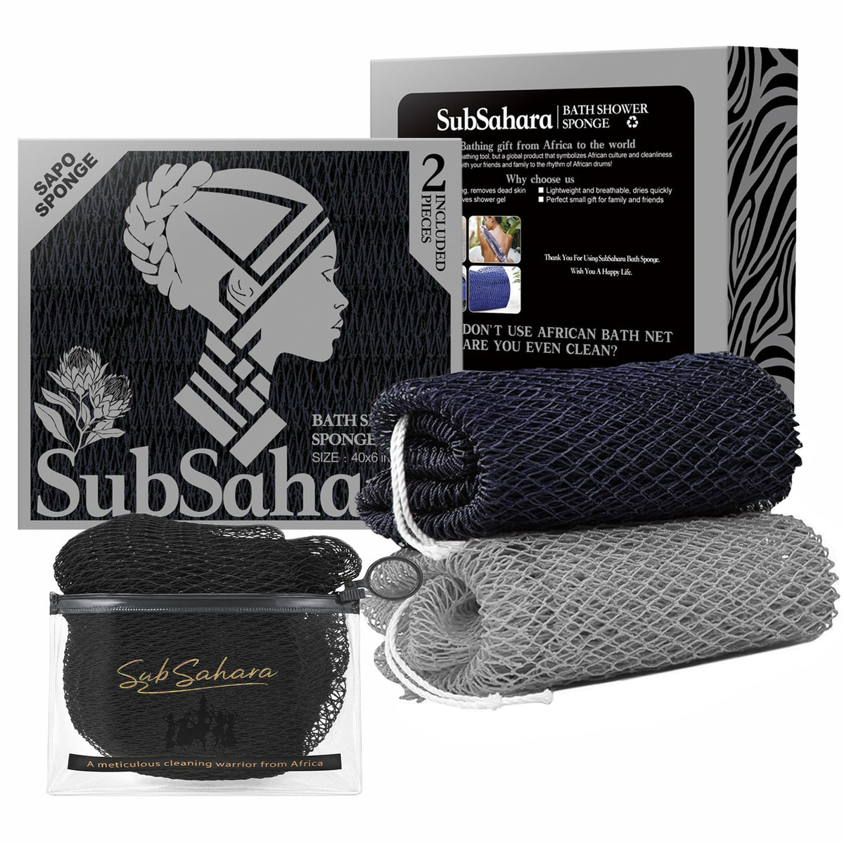 SubSahara African Net Sponge, 2 Pack 45-Inch Exfoliating Bath Scrubber