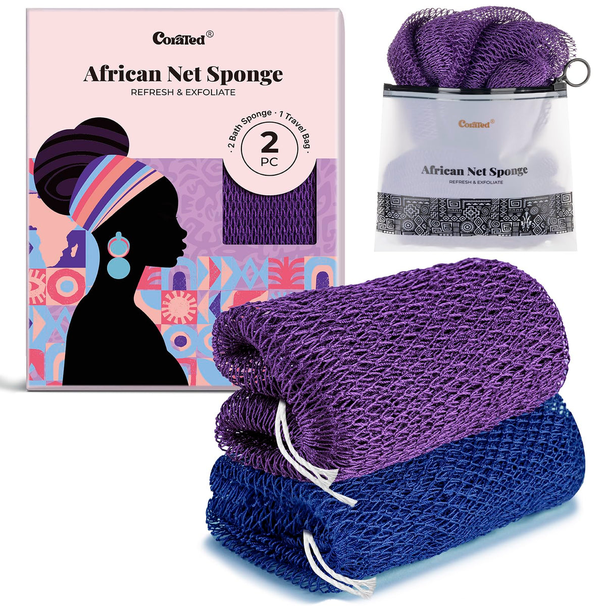 CORATED African Net Sponge Authentic, Shower Loofah Exfoliating Bath Sponge