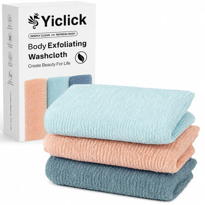 Yiclick Exfoliating Washcloth Towel, Japanese Exfoliating Wash Cloth, Korean Body Scrubber Exfoliator, Back Scrubber Washer for Shower Bath, Body Scrub African Net Sponge Loofah Luffa (Colors)