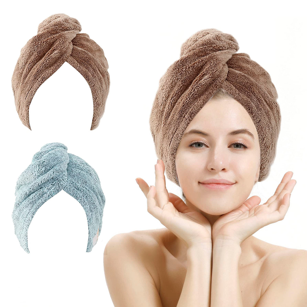 M-bestl 2 Pack Microfiber Hair Towel Wrap with Button,Quick Dry(Pink&Beige)