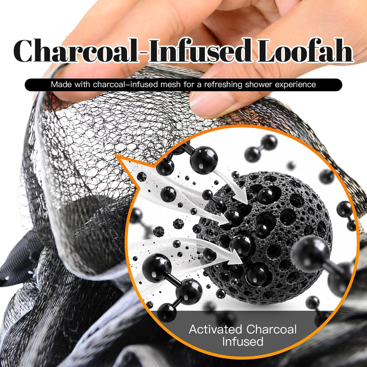 Charcoal 100g Loofah Sponge, Loofah with Hanging Loop 4 pcs, XXXL Mesh Black Bath Sponge Puff Set, Exfoliating & Soothing Shower Loofah for Men – Back & Body Bath Sponge