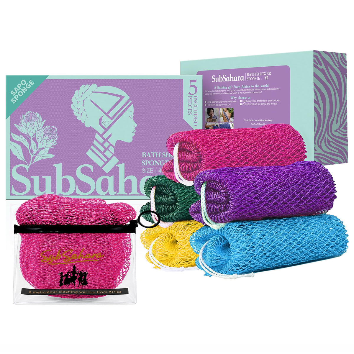 SubSahara African Net Sponge, 2 Pack 45-Inch Exfoliating Bath Scrubber