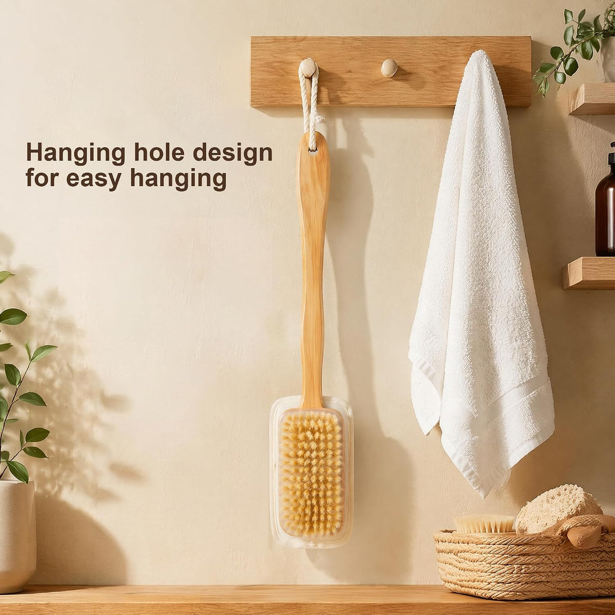 Back Scrubber 16.35in Handle, Boar Bristle Shower Brush Exfoliating Set