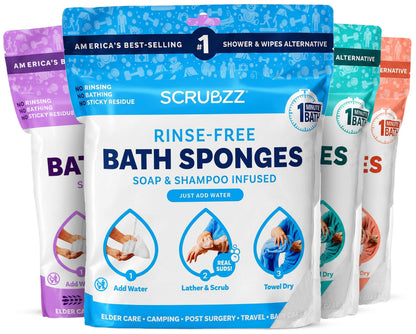 Scrubzz Disposable Rinse Free Bathing Wipes - 25 Pack - All-in-1 Single Use Shower Wipes, Simply Dampen, Lather, and Dry Without Shampoo or Rinsing