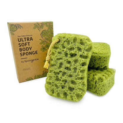 Spongentle Loofah Sponge for Shower and Bathing, Bath Sponge with Dual Texture, Shower Pouf for Gentle and Deep Exfoliation, Large Size Body Scrubber for Men & Women, PU Foam, 37% More Lather, 3 Pack