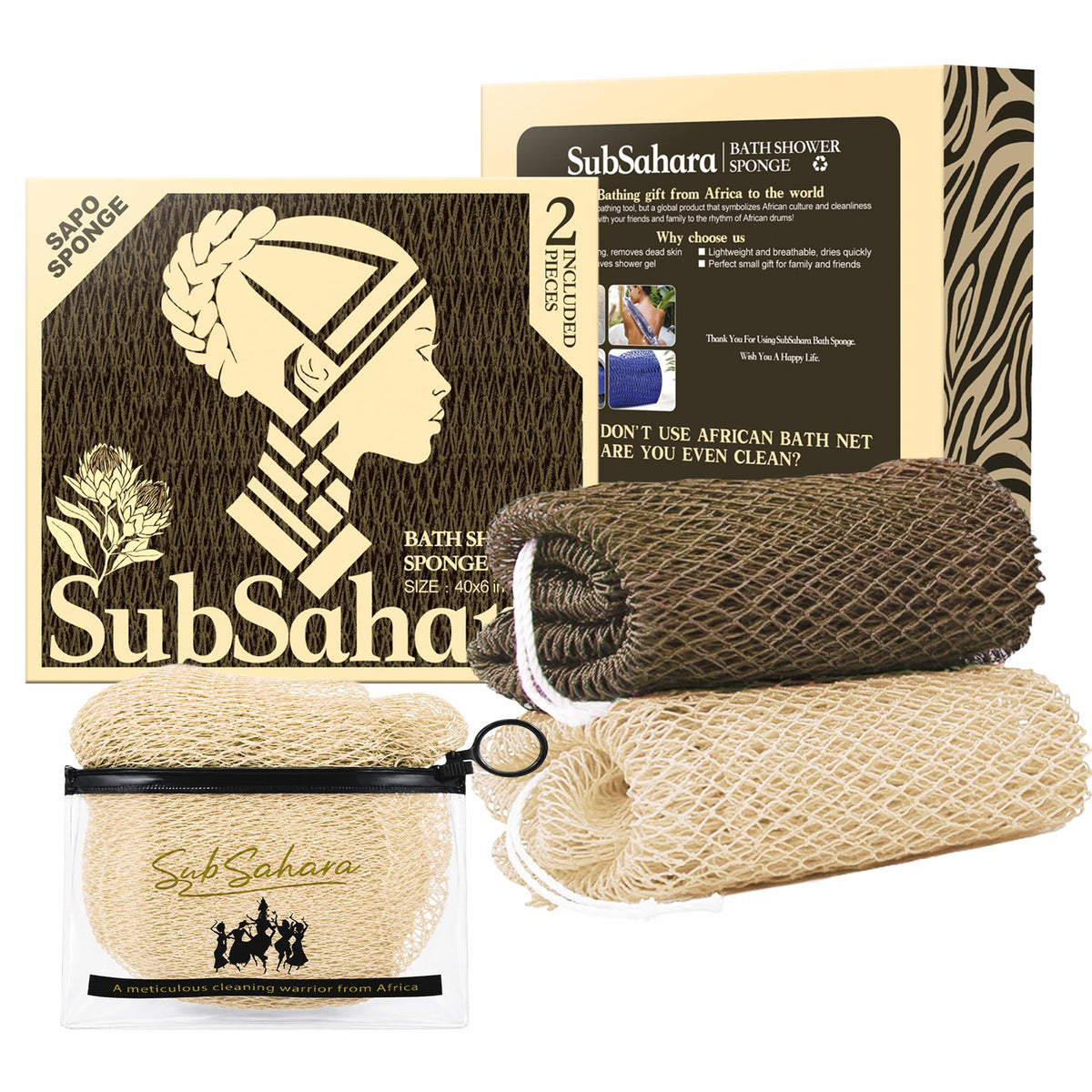 SubSahara African Net Sponge, 2 Pack 45-Inch Exfoliating Bath Scrubber