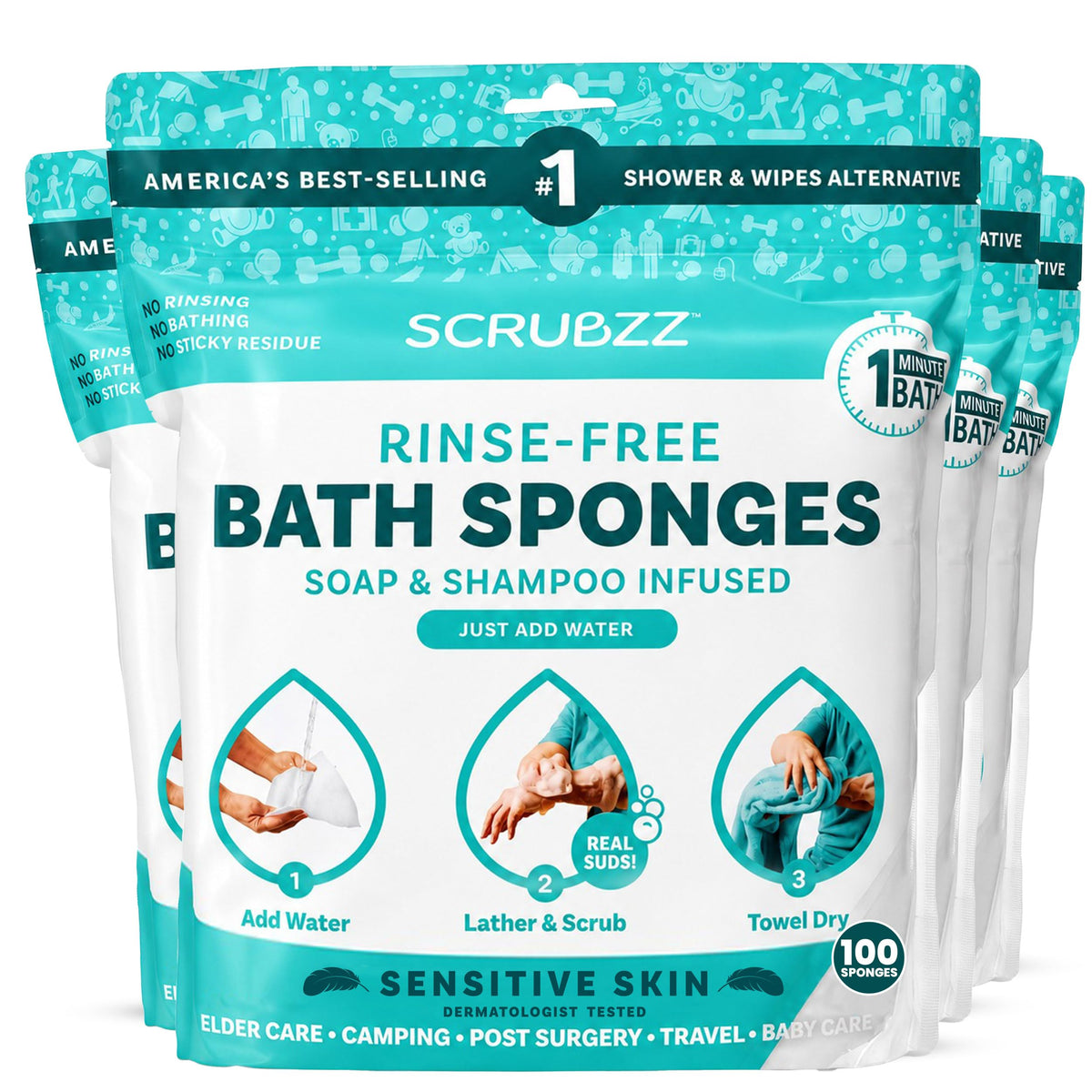 Scrubzz Disposable Rinse Free Bathing Wipes - 25 Pack - All-in-1 Single Use Shower Wipes, Simply Dampen, Lather, and Dry Without Shampoo or Rinsing