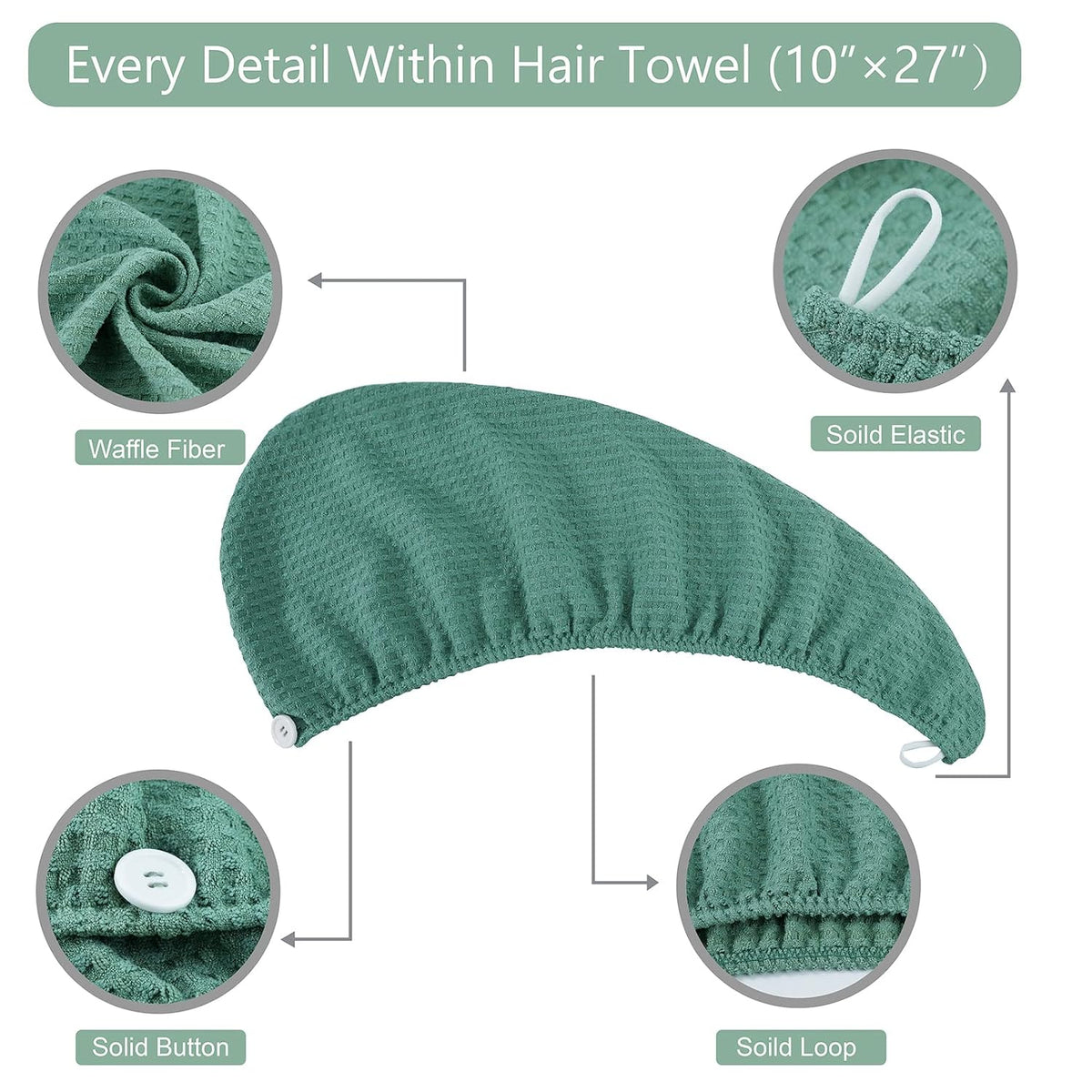 Microfiber Hair Drying Towel: 2 Pcs Waffle Long Hair Turban Wraps (Green)