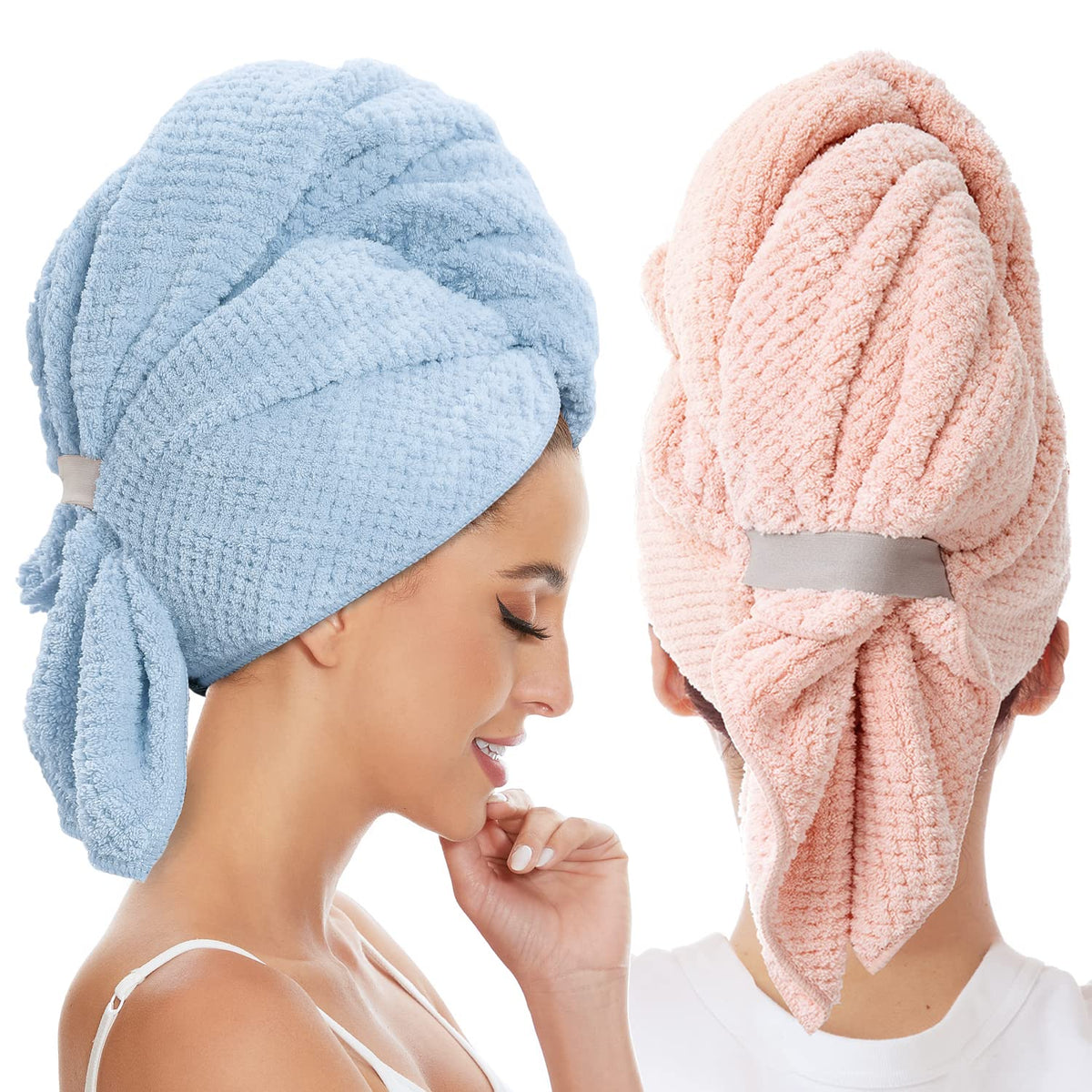 Large Microfiber Hair Towel Wrap for Women, Anti Frizz Hair Drying Towel with Elastic Strap, Fast Dry | Super Absorbent | Quick Dry Hair Turban for Wet, Curly, Long & Thick Hair -Gray