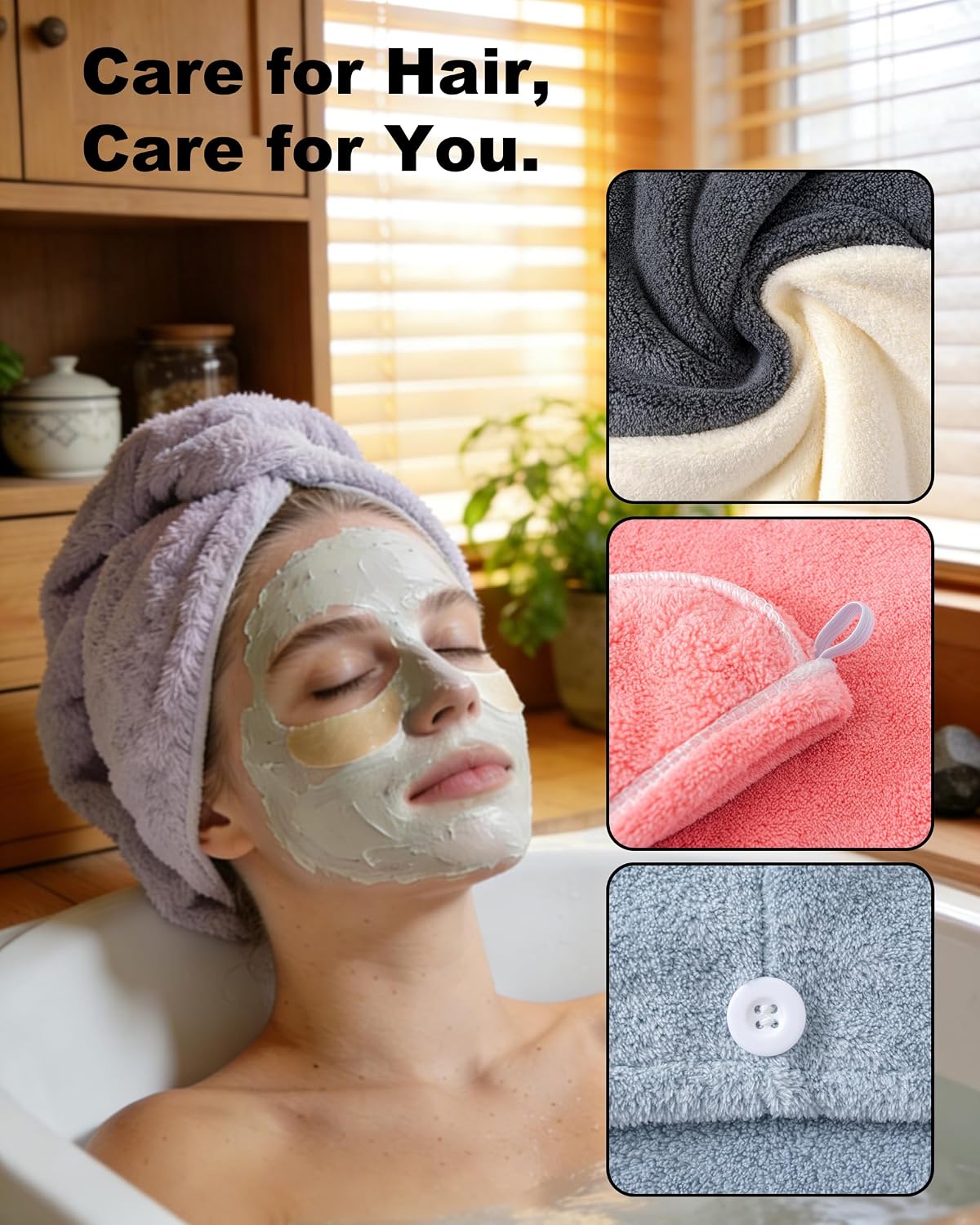 Lumimi Bath Pre Dry Hair Towel with Button, Red Grey, 2 Pack