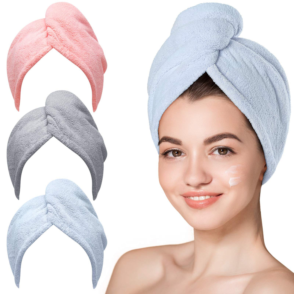 Hicober Microfiber Hair Towel Wrap for Women, Grey Blue Grey, 3-Pack