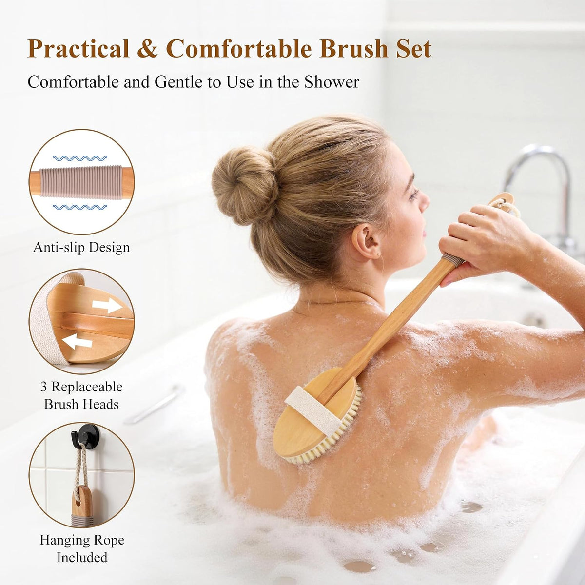 7-in-1 Body Brush Set for Shower & Dry Brushing – Long Handle Back Scrubber, 3 Replaceable Bristle Heads, Silicone Face Cleanser & Loofah – Exfoliating, Smooth Skin & Home Spa Kit