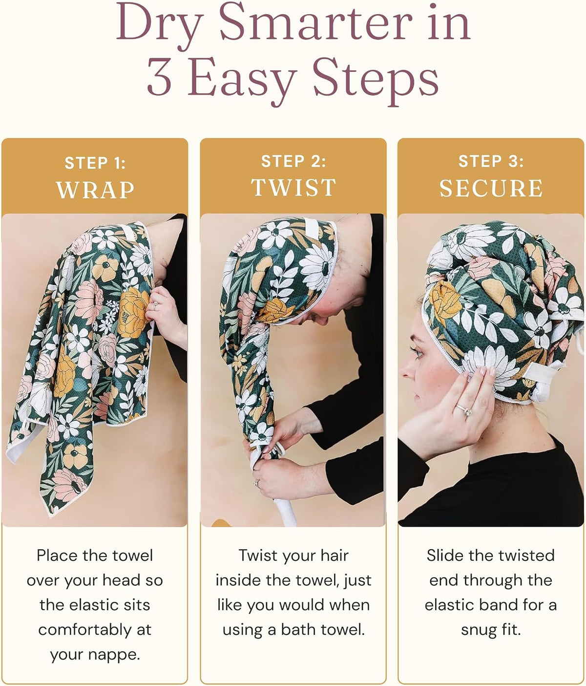 Microfiber Hair Towel Wrap for Women – Quick Dry Anti-Frizz Hair Drying Towel for Long, Curly & Thick Hair – Ultra-Soft Absorbent Hair Turban Wrap with Large Loop Closure – Dark Floral