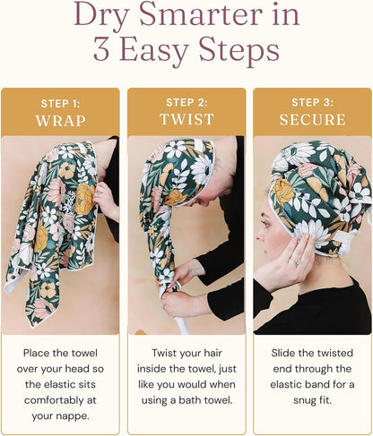 Microfiber Hair Towel Wrap for Women – Quick Dry Anti-Frizz Hair Drying Towel for Long, Curly & Thick Hair – Ultra-Soft Absorbent Hair Turban Wrap with Large Loop Closure – Dark Floral