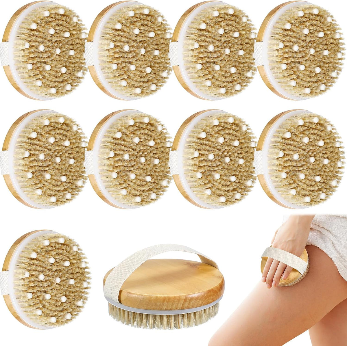 Gejoy 10 Pcs Dry Brushing Body Brush for Lymphatic Drainage Exfoliating Brush with Massage Nodule Dry Skin Body Scrubber Cellulite Shower Circulation Dead Exfoliator (4.3 x 4.3 Inches,Wood Color)